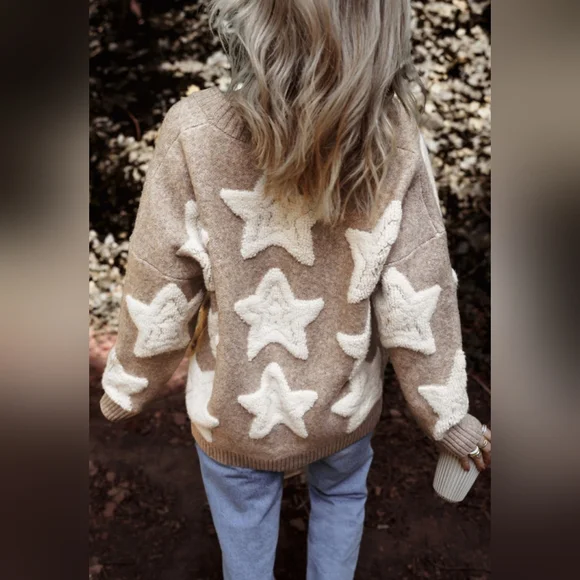 Khaki Sherpa Star Pattern Textured Sweater Cardigan with Pockets - Picture 2 of 16